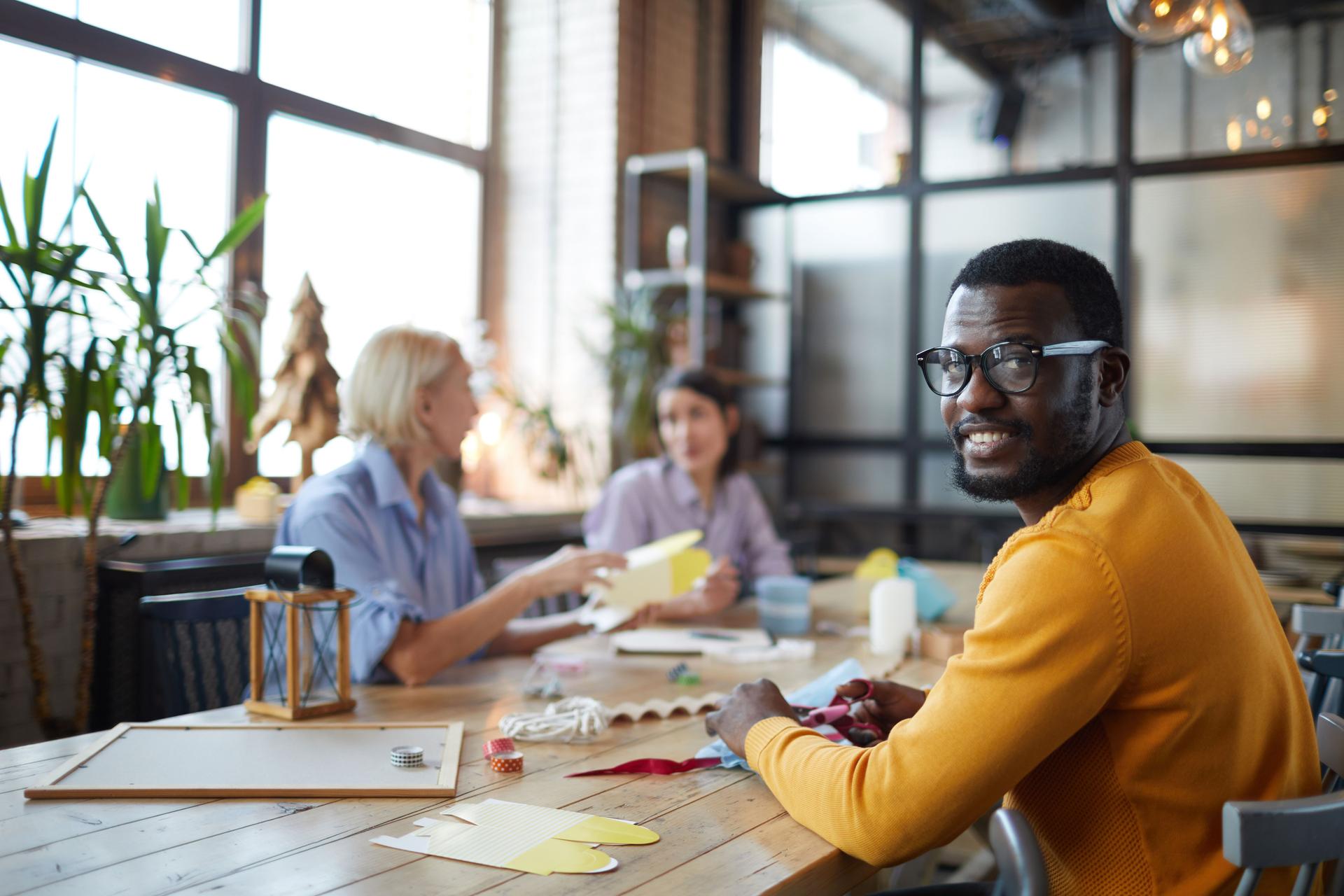 Smiling African-American Man in Art Workshop